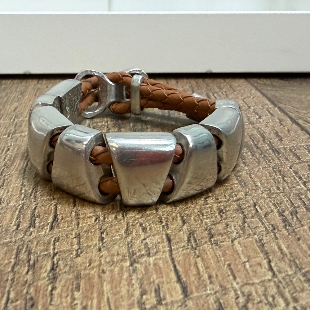 Braided Leather Metal Slide Bracelet Unisex 9.25" Brown Silver